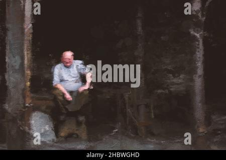 Oil painting old happy man in working place Stock Photo