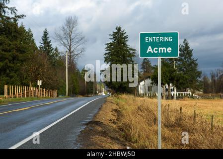 Road sign for Acme with Washington State Highway 9 passing through the small community in Whatcom County Stock Photo
