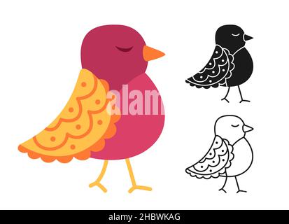 Bird with different ornaments cartoon or stamp, doodle outline set. Modern trendy happy character comic birds. Hand drawn flat abstract fun sparrow. Drawing vector illustration Stock Vector