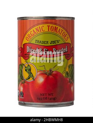 Davis , California - December, 12, 2021. A 411g can of Trader Joe's Organic Diced and Fire Roasted Tomatoes with organic green chiles, isolated on whi Stock Photo