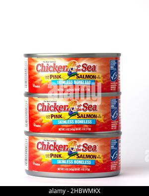 Davis, California - December 12, 2021. Three cans of Chicken of the Sea, canned seafood product OU Pareve approved, stacked up, sustainable certified Stock Photo