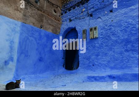 Traditionally blue painted houses in the medina of Chefchaouen in the Rif mountains in northern Morocco. Stock Photo