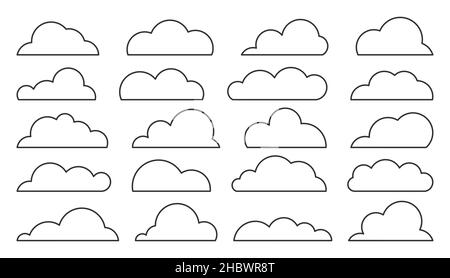 Cloud black line set. Climate weather cloudy icon. Blank form web storage meteorology database. Cartoon sign simple news dialogue banner. Fill sticker image software thin stroke isolated on white Stock Vector