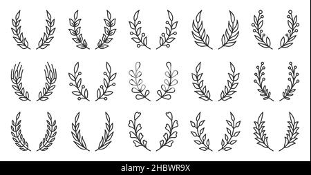 Natural wreath leafy object winner black line set. Plant pattern award success. Heraldic vintage badge frame tattoo. Spring summer invitation card logo. Circular shape achievement isolated on white Stock Vector