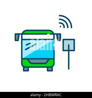 Smart public transportation. Bus with wireless sensors on a bus stop. Pixel perfect, editable stroke colorful icon Stock Vector
