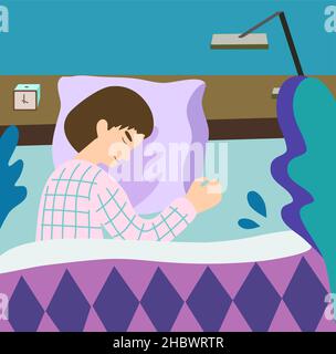 Concept of healthy sleep. Sleeping smiling woman in bed. Colorful cartoon vector illustration. Stock Vector