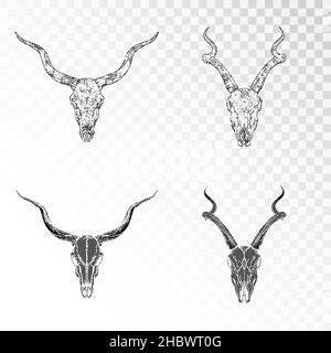 Vector set of hand drawn skulls antelopes on transparent background. Black silhouettes and contour with grunge texture. For you design, print, tattoo Stock Vector