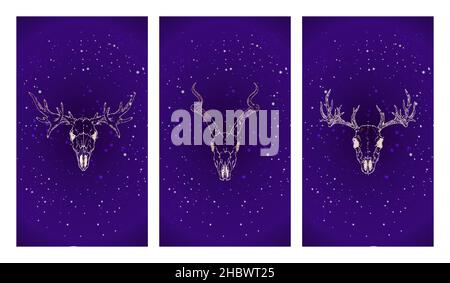 Vector set of three illustrations with gold silhouettes skulls deer, antelope and moose against the background of the starry sky. Purple color image. Stock Vector