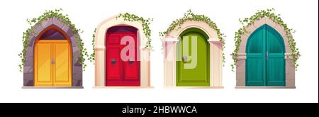 Wooden bright doors with handle, arch and ivy plant. Entrance, gate Stock Vector