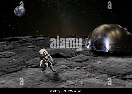 Astronaut on the lunar surface near the lunar base, planet Earth rises above the horizon. Elements of this image furnished by NASA. Stock Photo
