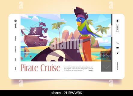 Pirate cruise banner with parrot in hat and corsair ship in sea. Vector landing page with cartoon illustration of piracy bird on beach of tropical island with rocks, palm trees and wooden sailboat Stock Vector