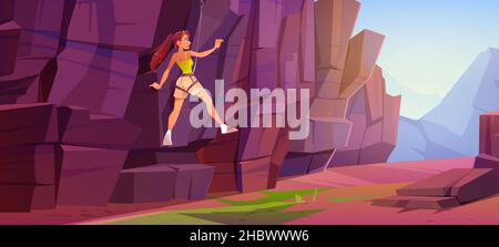 Girl rock climber climbs on mountain. Adventure, extreme sport concept. Vector cartoon illustration of canyon landscape with woman alpinist with rope and carbine on stone wall Stock Vector