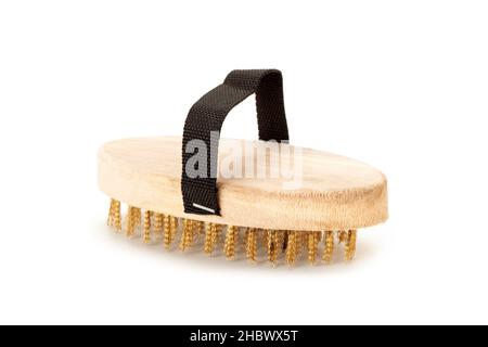 brass wire brush wooden handle on white background Stock Photo