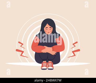 Menstrual pain. Sad arab woman in hijab with abdominal cramps or pms symptoms. Female critical day problems. Vector illustration in flat cartoon style Stock Vector