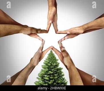 Celebrating Holidays together greeting with people hands joining forming a tree star with a united in friendship group celebrating Christmas season. Stock Photo