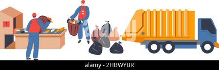 Cleaning environment from garbage, municipal workers caring for cleanliness of city and streets. People in uniforms with sacks full of rubbish and lit Stock Vector