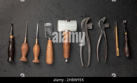 Set of leather craft cobbler tools Stock Photo