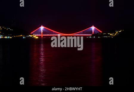 The last bridge connecting Asia and Europe Lands of Istanbul in the Turkey.Long exposure of Yavuz Sultan Selim Bridge. Stock Photo
