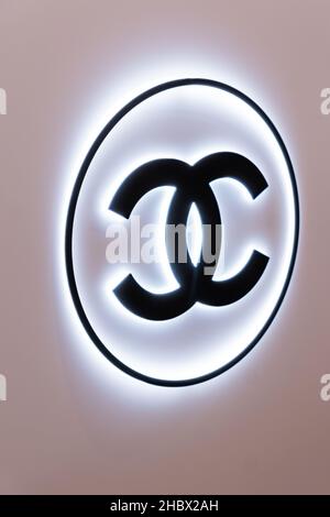 Moscow, Russia - December 20, 2021 - Chanel logo in front of fashion boutique in GUM Department store in the centre of Moscow. Luxuary brand of clothe Stock Photo