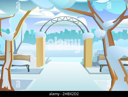 Old city park with a fence in Winter. Entrance and wooden benches. Snow drifts landscape. Beautiful natural place to stay. Large trees and paths with Stock Vector