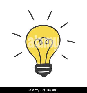 Light bulb icon in doodle style. Idea symbol. Yellow ligth bulb. Children drawing. Hand drawn vector illustration isolated on white background Stock Vector
