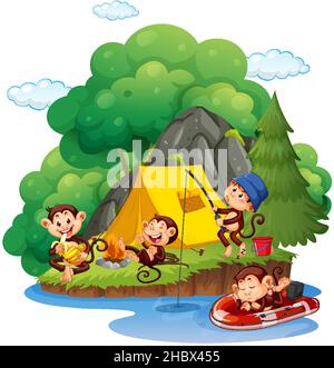 Isolated forest with monkeys camping illustration Stock Vector
