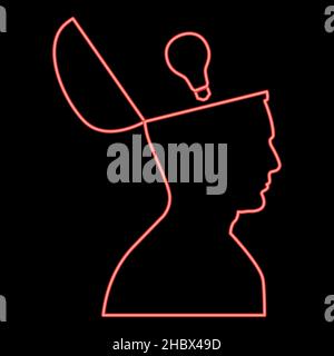 Neon man with lightbulb idea open head red color vector illustration image flat style light Stock Vector
