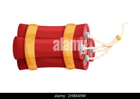Red dynamite stick, bomb in cartoon style isolated on white background. Weapon vintage game element. Explosion object. Vector illustration Stock Vector