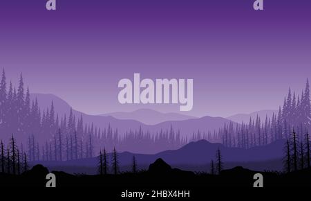 Magnificent view of mountains with forest from the out of town at night. Vector illustration Stock Vector