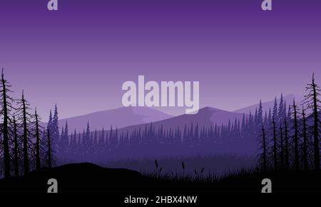 Fantastic view of the mountains with the forest at night from the suburb. Vector illustration Stock Vector