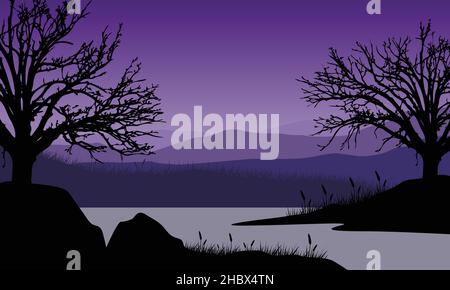 A quiet evening with stunning mountains views from the riverside. Vector illustration Stock Vector