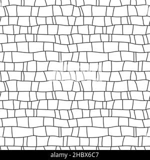 Curved brick wall hand drawn seamless pattern, black and white curve lines texture. Stock Vector