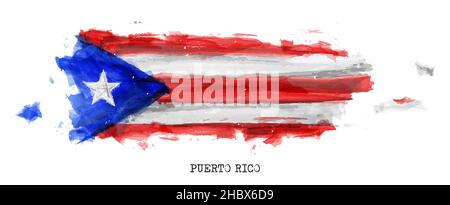 Puerto rico flag and map watercolor painting design . Realistic drawing country shape . White isolated background . Vector . Stock Vector