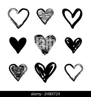 Set of doodle and grunge sketch black hearts. Valentines day or wedding love sign with heart icons for valentine's card or banner. Vector illustration Stock Vector