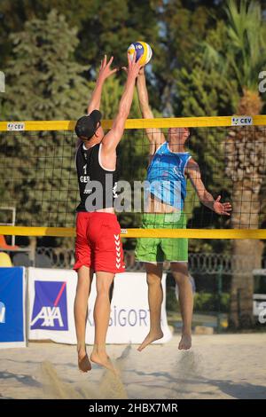 IZMIR, TURKEY - JULY 10, 2021: Germany (Just and Wust) vs Slovenia (Mozic and Bracko) Quarterfinal match of CEV U20 Beach Volleyball European Champion Stock Photo