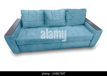 modern blue large cozy fabric sofa corner with pillows and adjustable armrests Stock Photo