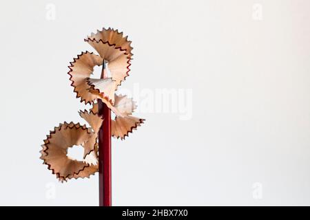 Wooden lead pencil stand on white background with waste after shave and copy space Stock Photo