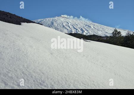 Etna Volcano snow covered and volcanic landscape of Sicily in winter Stock Photo