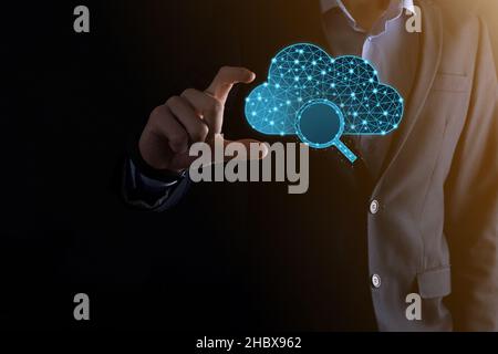 Cloud technology. Polygonal wireframe cloud storage sign with search magnifier icon on dark blue. Cloud computing, big data center, future infrastruct Stock Photo