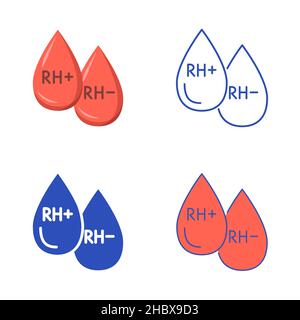 Rh factor icon set in flat and line style. Drops of blood with text. Vector illustration. Stock Vector