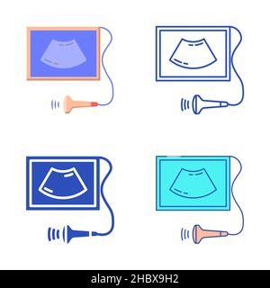Ultrasound scanner icon set in flat and line style. Medical diagnostic equipment symbol. Vector illustration. Stock Vector