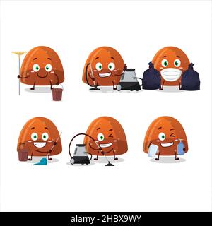 Cleaning service orange jelly gummy candy cute cartoon character using mop. Vector illustration Stock Vector