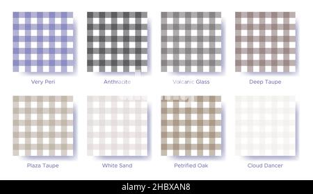 Gingham seamless pattern set in the color of 2022 Very Peri. Sample color guide palette catalog of swatches. Matching shades for fashion trends - vich Stock Vector