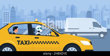 AI robot driving a taxi in the city street and passenger sitting in the back seat of the car Stock Vector