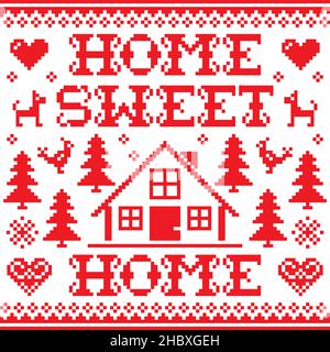 Home sweet home vector red cross-stitch winter or Christmas seamless pattern - Scandinavian design with home, trees, birds and dogs Stock Vector