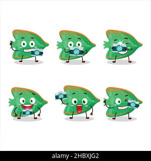 Photographer profession emoticon with fish green gummy candy cartoon character. Vector illustration Stock Vector