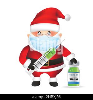 Santa Claus vector illustration isolated on white background. Santa emoji. Mask Emoticon. Santa Clause with mask. Syringe and vaccine icon. Stock Vector