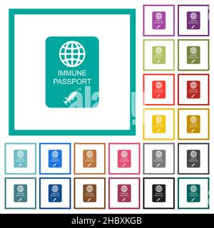 Immune passport flat color icons with quadrant frames on white background Stock Vector
