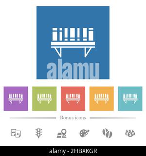 Bookshelf with books solid flat white icons in square backgrounds. 6 bonus icons included. Stock Vector