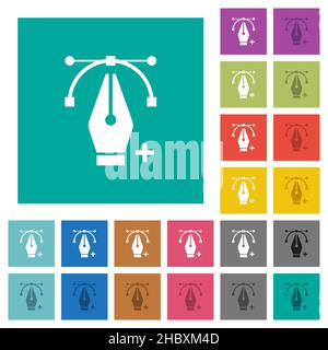 Adding editing point with pen tool multi colored flat icons on plain square backgrounds. Included white and darker icon variations for hover or active Stock Vector